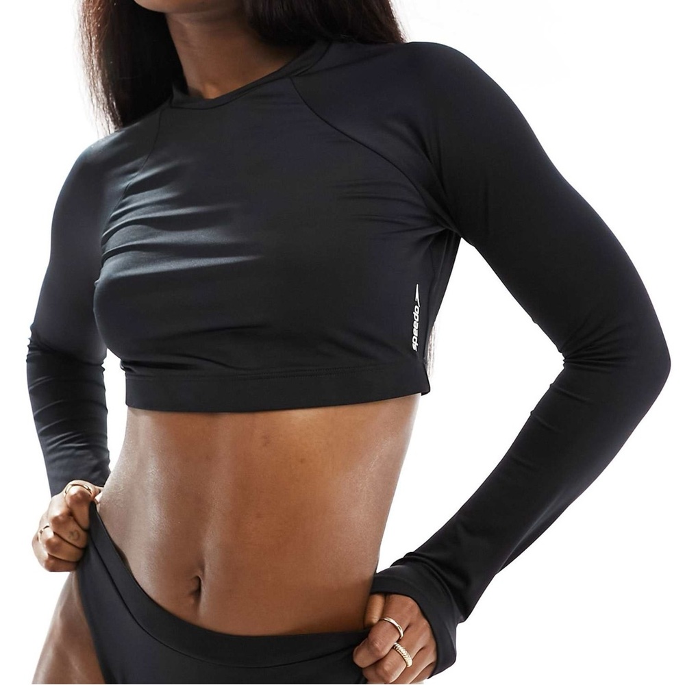 Speedo Flu3nte Solid Long Sleeve Swim Crop Top in Black